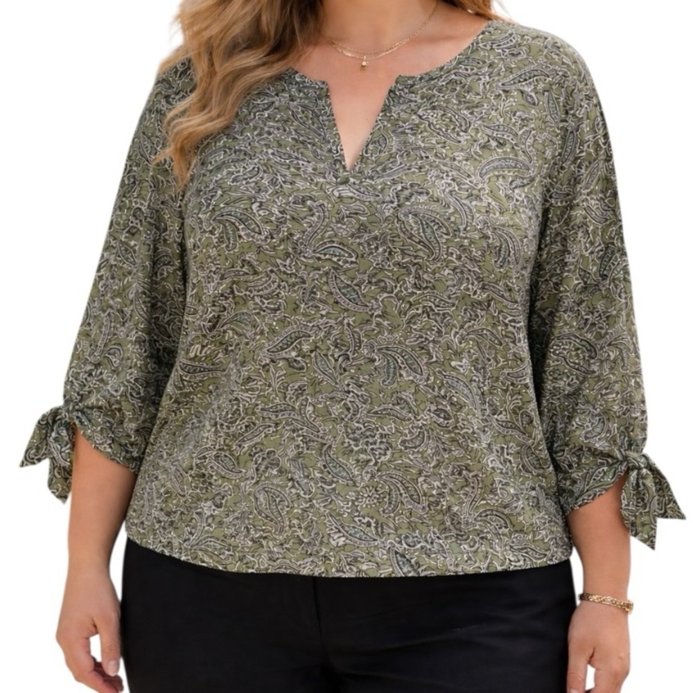 Michael Kors 2X Green Paisley Print Keyhole Sleeves Relaxed Flowy Fit Office